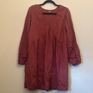 Old Navy Long Sleeve Rust Dress V-neck Size Large Pockets Cottagecore Fall Vibes